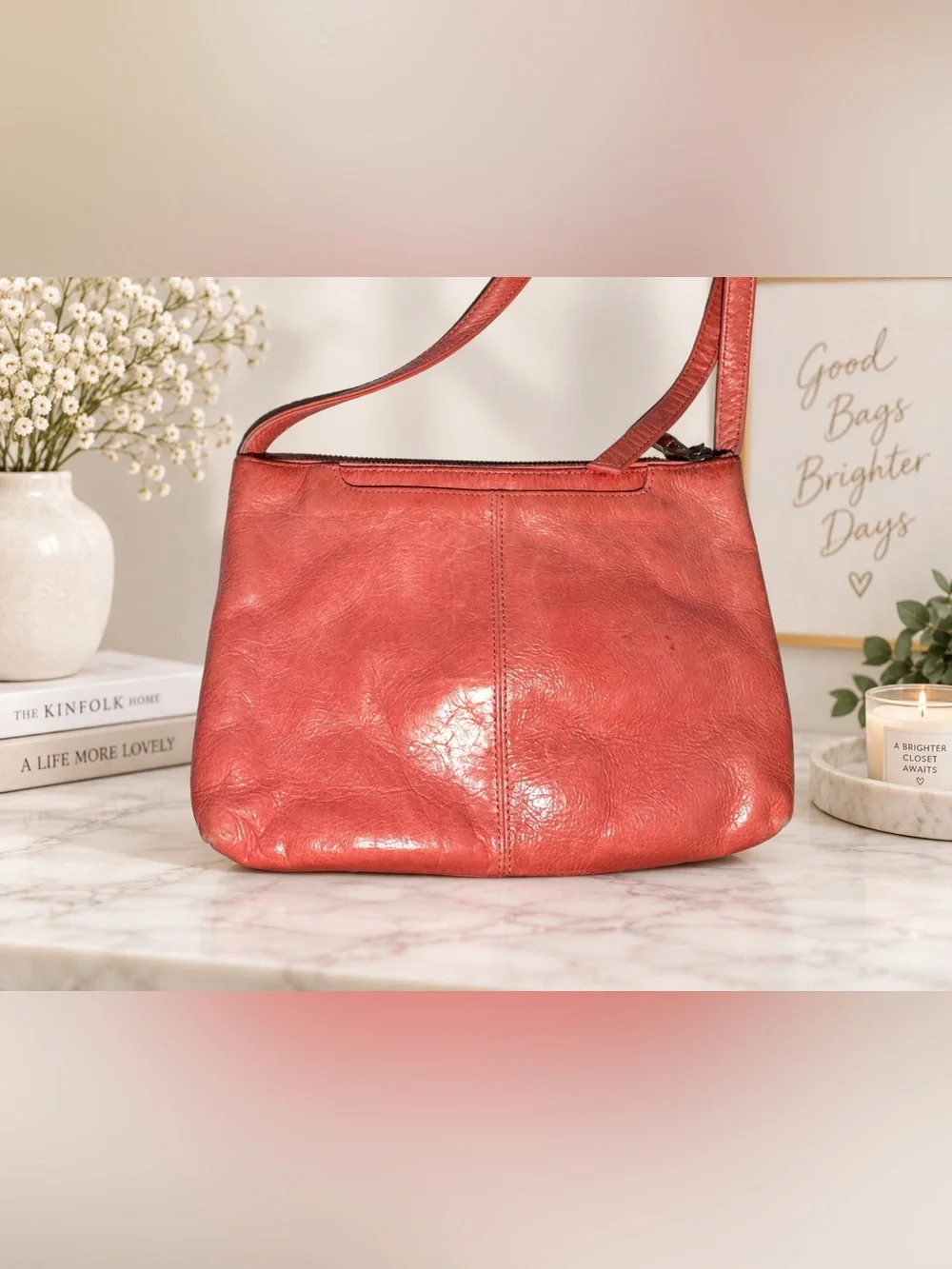 HOBO The Original Coral Leather Crossbody Bag Double Zip Pockets
